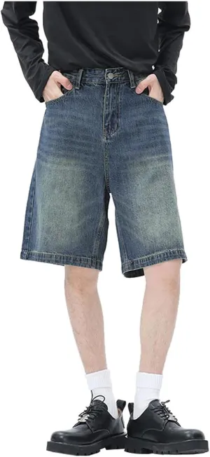 Men Loose Y2K Hip Hop Long Jean Shorts Baggy Denim Shorts with Pockets Casual Summer Streetwear