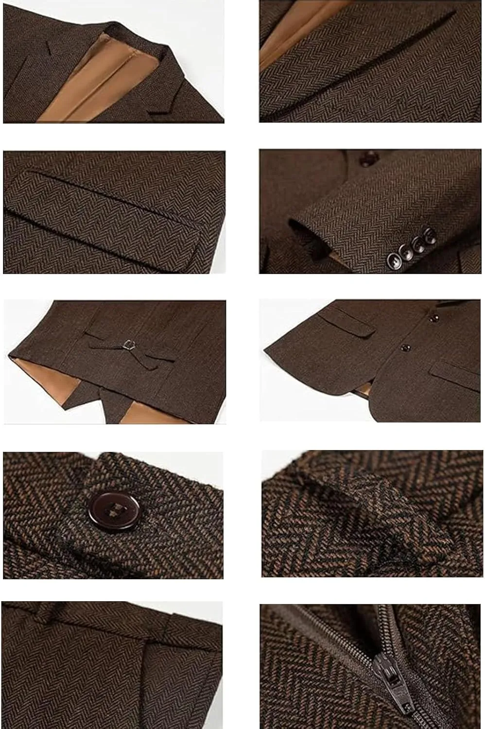 Men's 3 Pieces Suit Retro Slim Fit Suit Tweed Herringbone Business Suit Wedding Party Tuxedos with Blazer Vest Pants