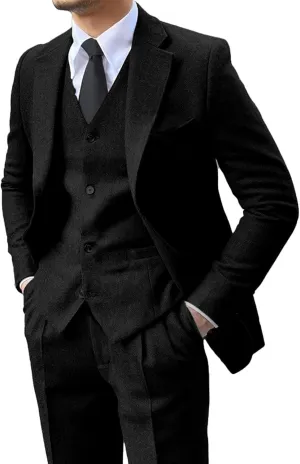 Men's 3 Pieces Suit Retro Slim Fit Suit Tweed Herringbone Business Suit Wedding Party Tuxedos with Blazer Vest Pants