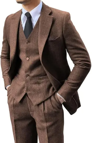 Men's 3 Pieces Suit Retro Slim Fit Suit Tweed Herringbone Business Suit Wedding Party Tuxedos with Blazer Vest Pants