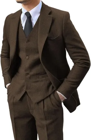 Men's 3 Pieces Suit Retro Slim Fit Suit Tweed Herringbone Business Suit Wedding Party Tuxedos with Blazer Vest Pants