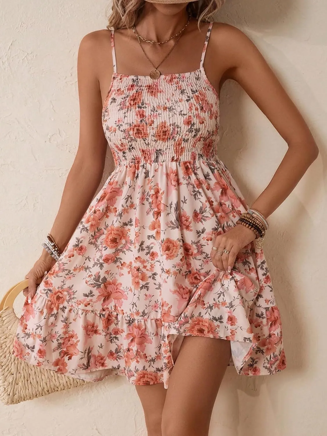 Milumia Women's Summer Floral Mini Dress Smocked Ruffle Spaghetti Strap Flowy Boho Cami Dress