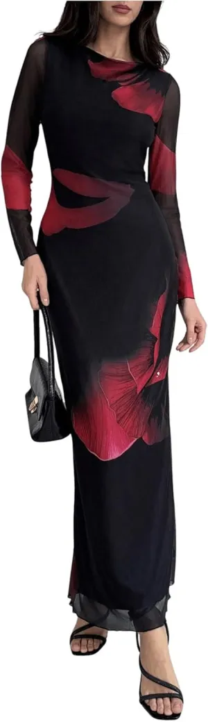 Milumia Women's Tie Dye Mesh Bodycon Dresses Floral Long Sleeve Maxi Dresses