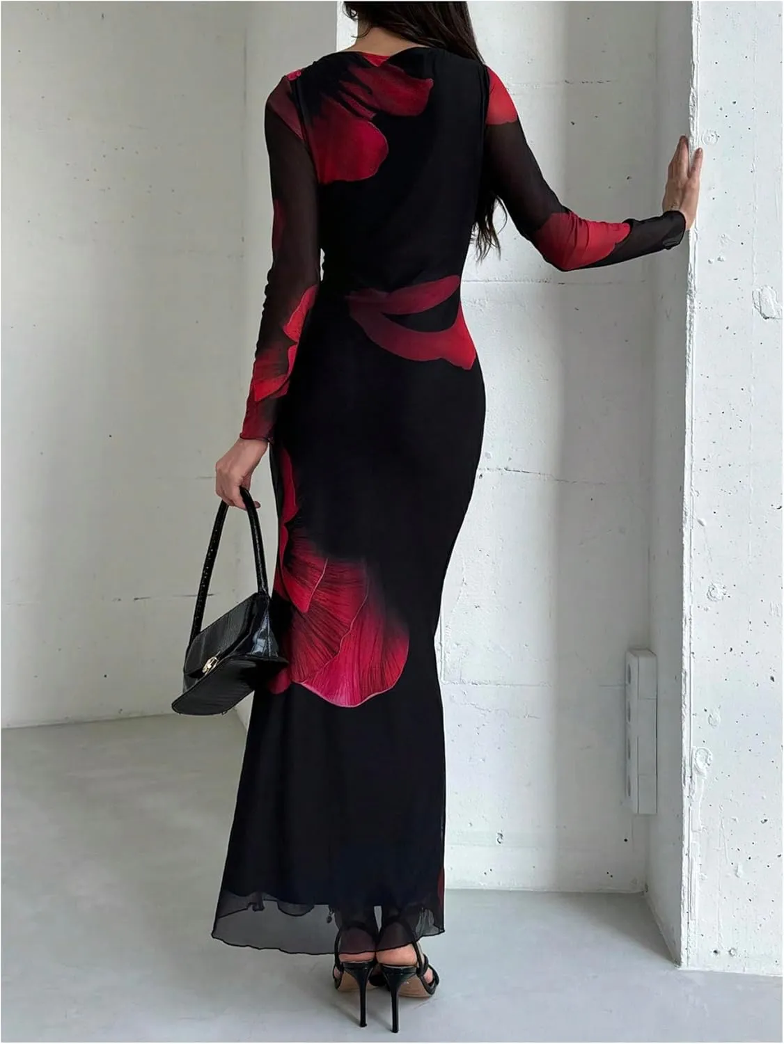 Milumia Women's Tie Dye Mesh Bodycon Dresses Floral Long Sleeve Maxi Dresses