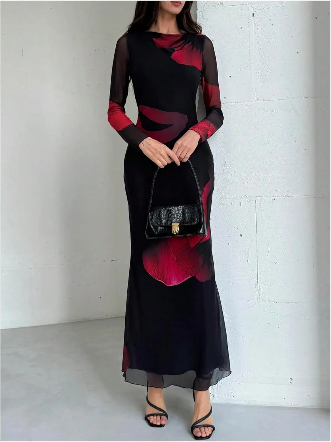 Milumia Women's Tie Dye Mesh Bodycon Dresses Floral Long Sleeve Maxi Dresses
