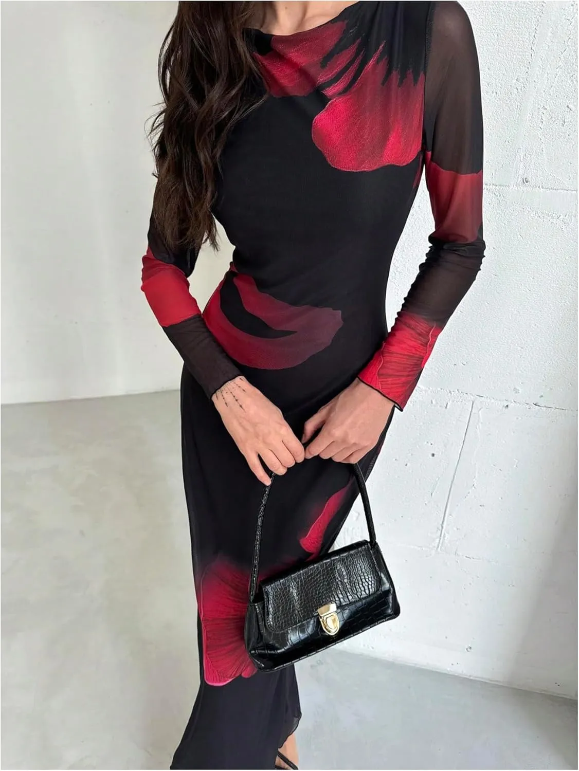 Milumia Women's Tie Dye Mesh Bodycon Dresses Floral Long Sleeve Maxi Dresses