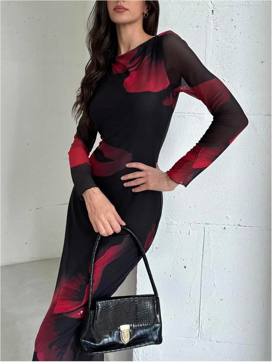 Milumia Women's Tie Dye Mesh Bodycon Dresses Floral Long Sleeve Maxi Dresses