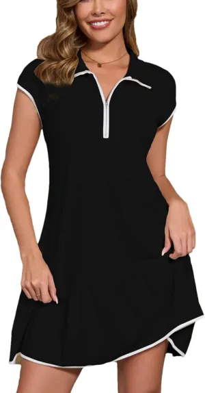 Mingzhu Womens Casual Dress Cap Sleeve Half Zip Polo Mini Dress Cotton Athletic Tennis Dress