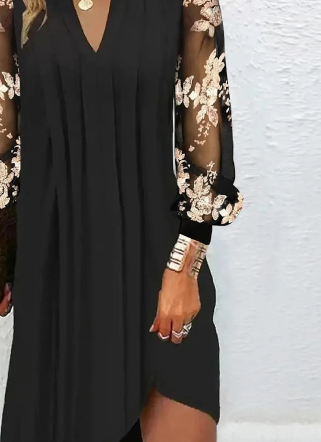 Mini Dresses for Women Sexy Floral Long Sheer Sleeve V Neck Black Causal Elegant Chic Summer Loose Work Short Dress