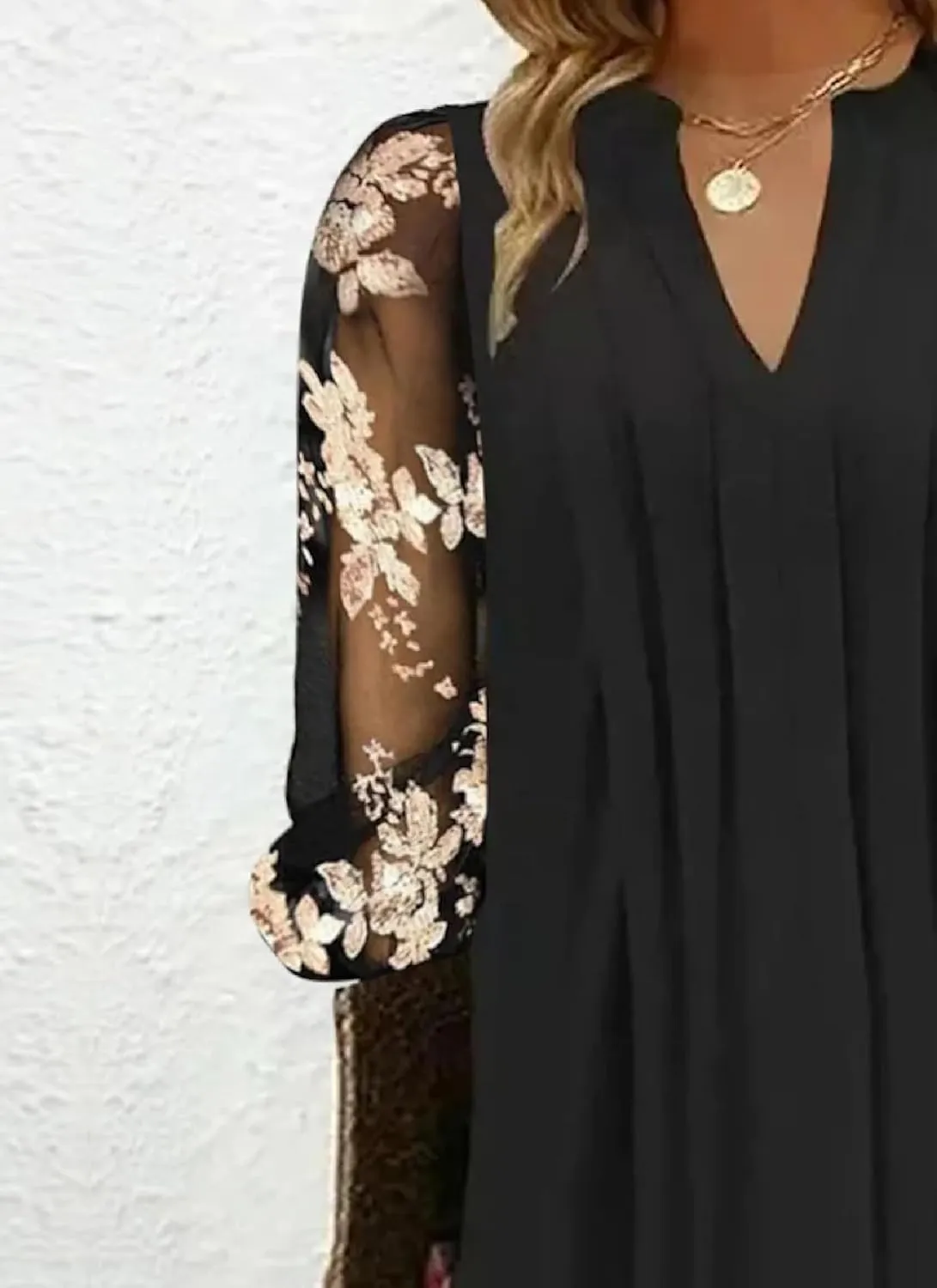 Mini Dresses for Women Sexy Floral Long Sheer Sleeve V Neck Black Causal Elegant Chic Summer Loose Work Short Dress