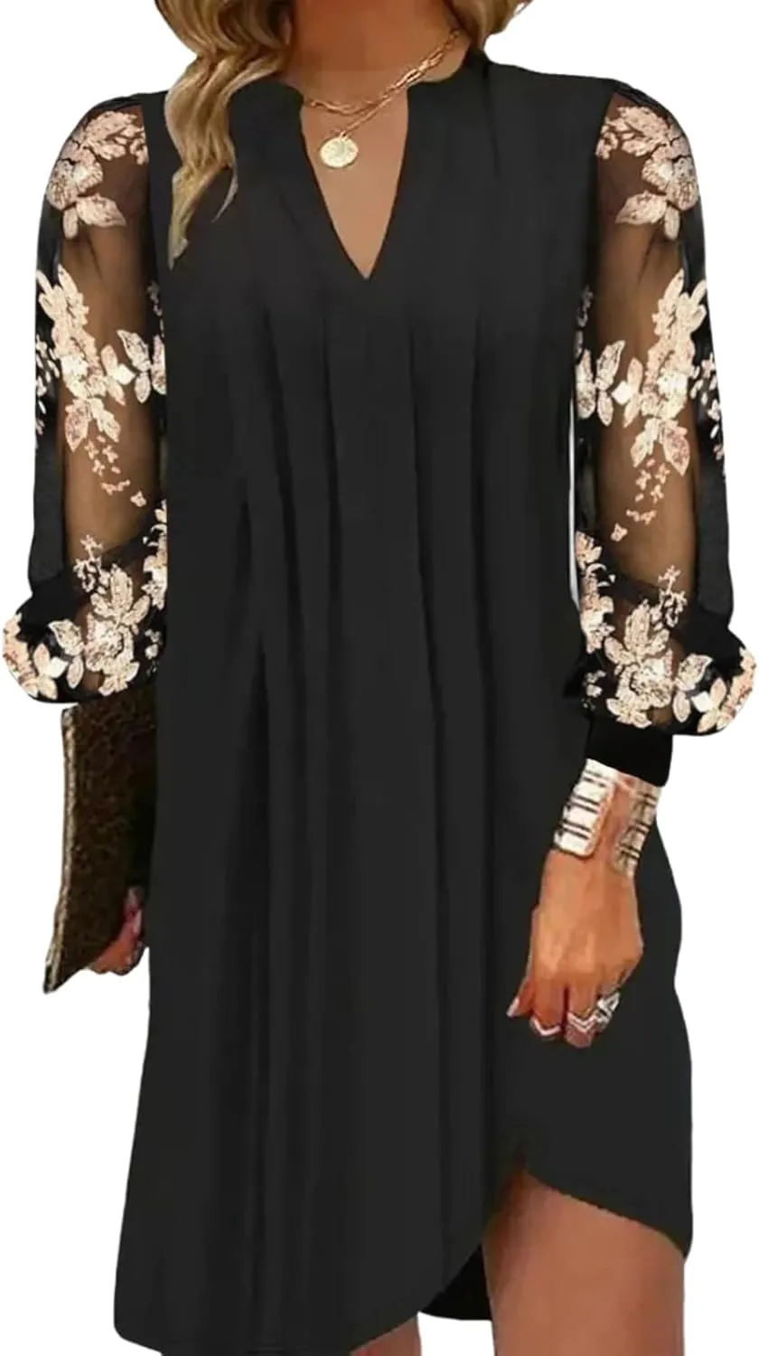 Mini Dresses for Women Sexy Floral Long Sheer Sleeve V Neck Black Causal Elegant Chic Summer Loose Work Short Dress