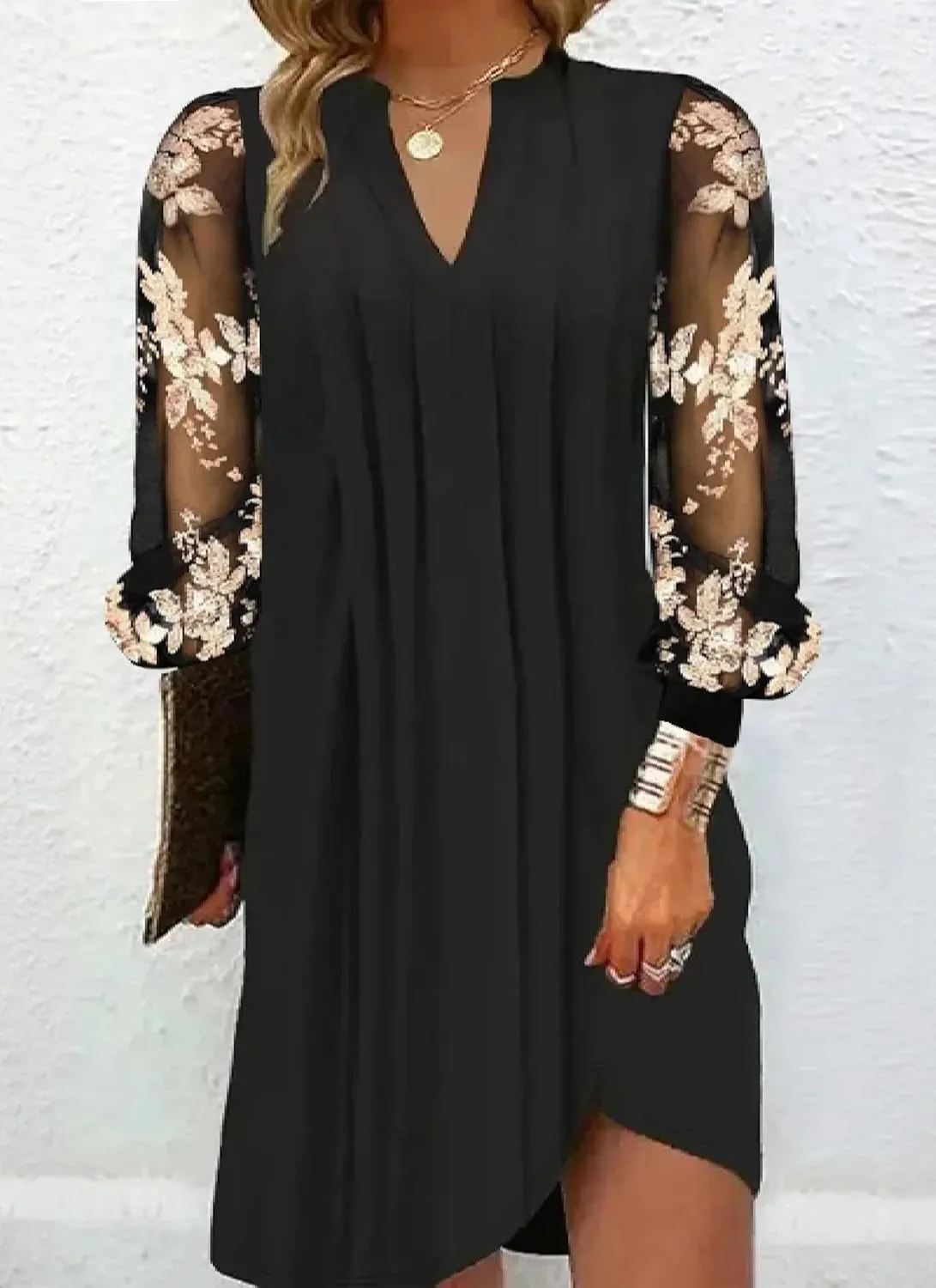 Mini Dresses for Women Sexy Floral Long Sheer Sleeve V Neck Black Causal Elegant Chic Summer Loose Work Short Dress