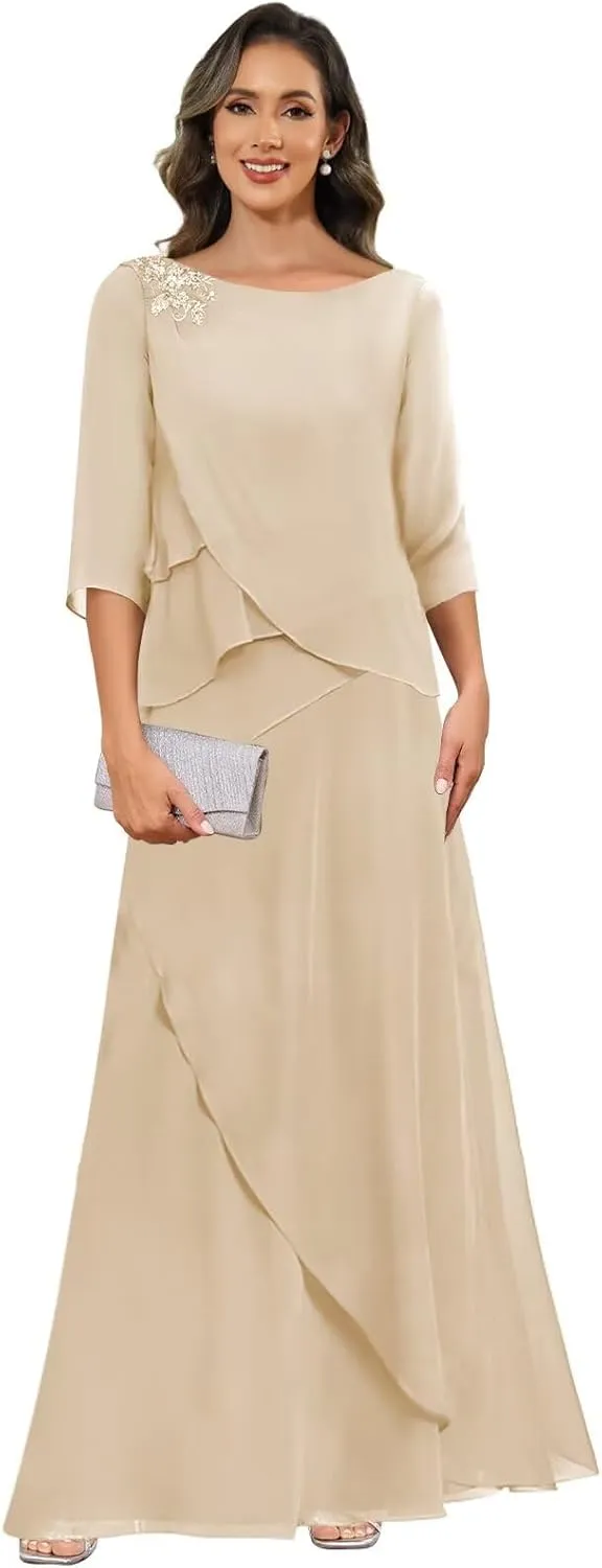 Mother of The Bride Dresses for Women 3/4 Sleeve Tiered Chiffon Formal Wedding Guest Dress