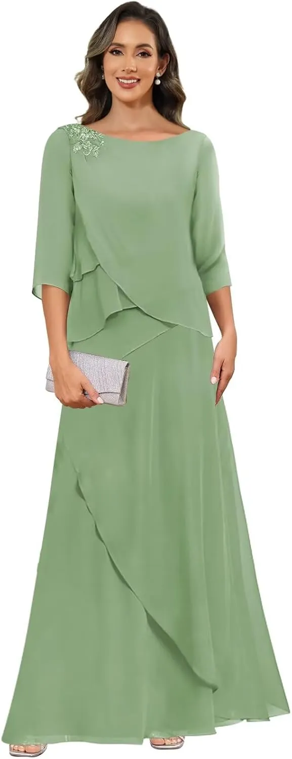 Mother of The Bride Dresses for Women 3/4 Sleeve Tiered Chiffon Formal Wedding Guest Dress