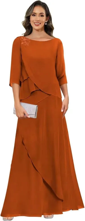 Mother of The Bride Dresses for Women 3/4 Sleeve Tiered Chiffon Formal Wedding Guest Dress