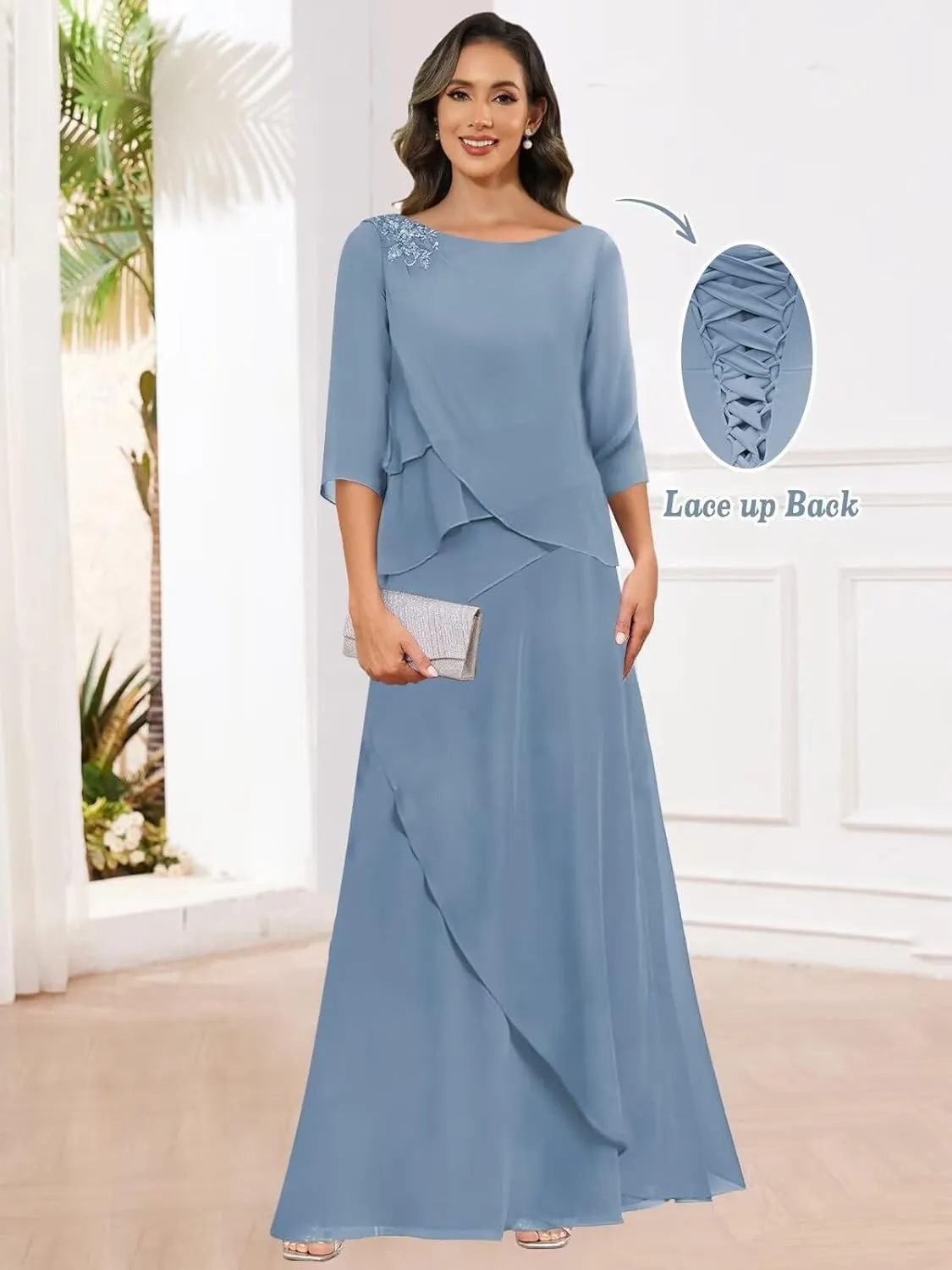 Mother of The Bride Dresses for Women 3/4 Sleeve Tiered Chiffon Formal Wedding Guest Dress
