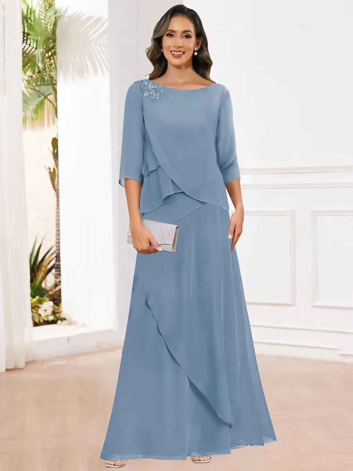 Mother of The Bride Dresses for Women 3/4 Sleeve Tiered Chiffon Formal Wedding Guest Dress