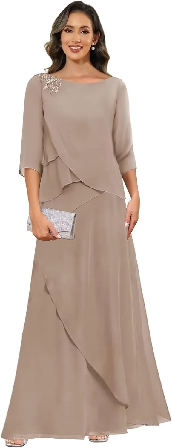 Mother of The Bride Dresses for Women 3/4 Sleeve Tiered Chiffon Formal Wedding Guest Dress