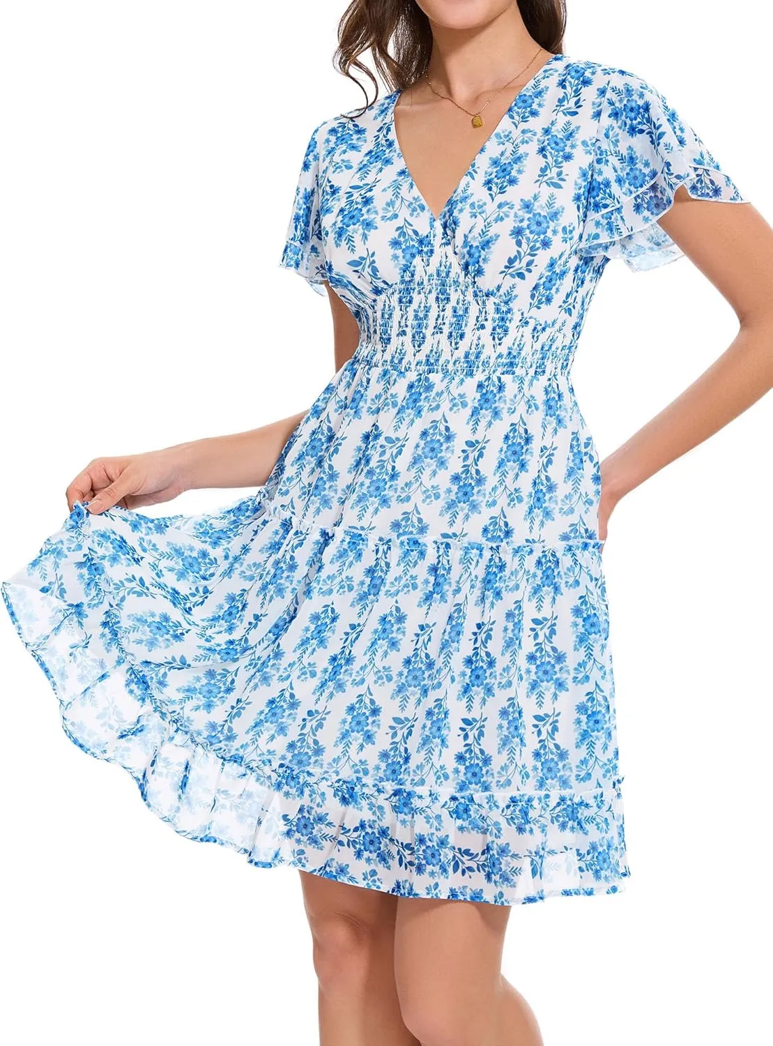 MSBASIC Womens Summer Dresses Tie Back Chiffon Mini Dress Ruffle Sleeve Sundress Vacation