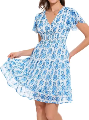 MSBASIC Womens Summer Dresses Tie Back Chiffon Mini Dress Ruffle Sleeve Sundress Vacation