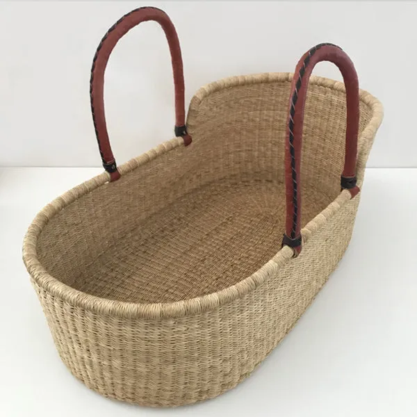 Natural Moses Basket – Tan Red Handles with Brown Stitching
