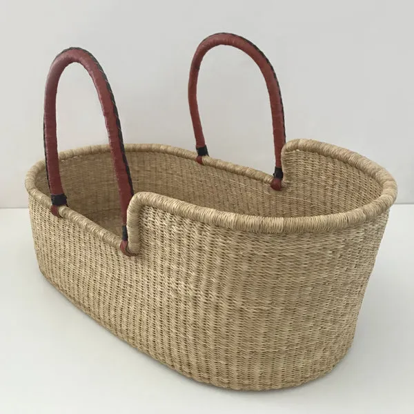 Natural Moses Basket – Tan Red Handles with Brown Stitching