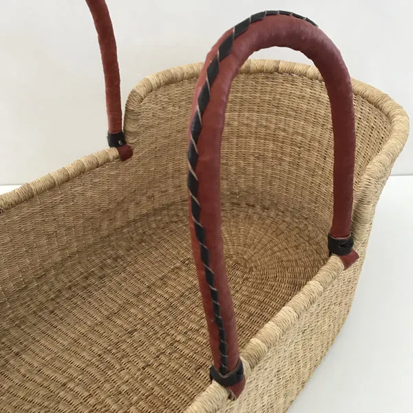 Natural Moses Basket – Tan Red Handles with Brown Stitching