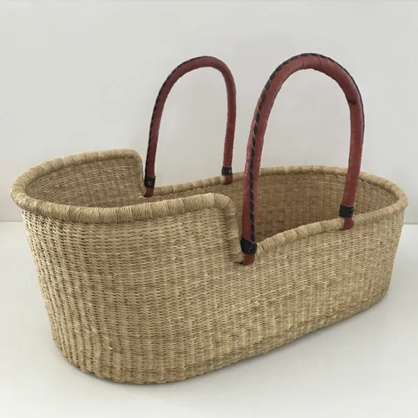 Natural Moses Basket – Tan Red Handles with Brown Stitching