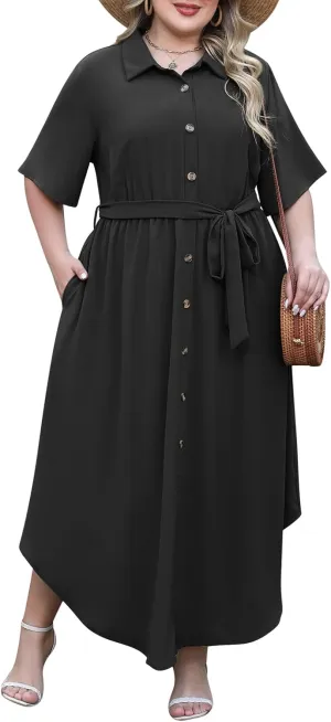 Nemidor Womens Plus Size Casual Maxi Dress Button Down Plain Long Summer Dresses with Belt and Pocket 16-26