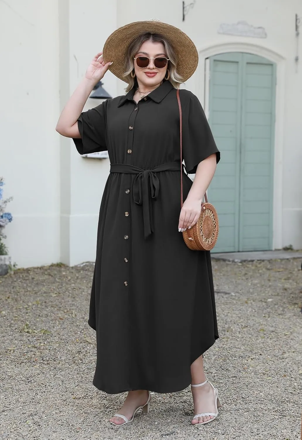 Nemidor Womens Plus Size Casual Maxi Dress Button Down Plain Long Summer Dresses with Belt and Pocket 16-26
