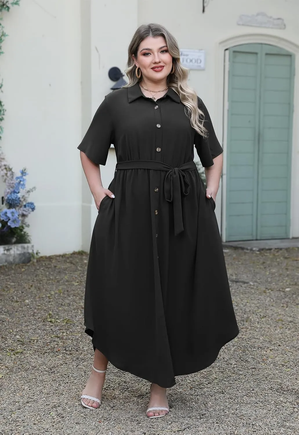 Nemidor Womens Plus Size Casual Maxi Dress Button Down Plain Long Summer Dresses with Belt and Pocket 16-26