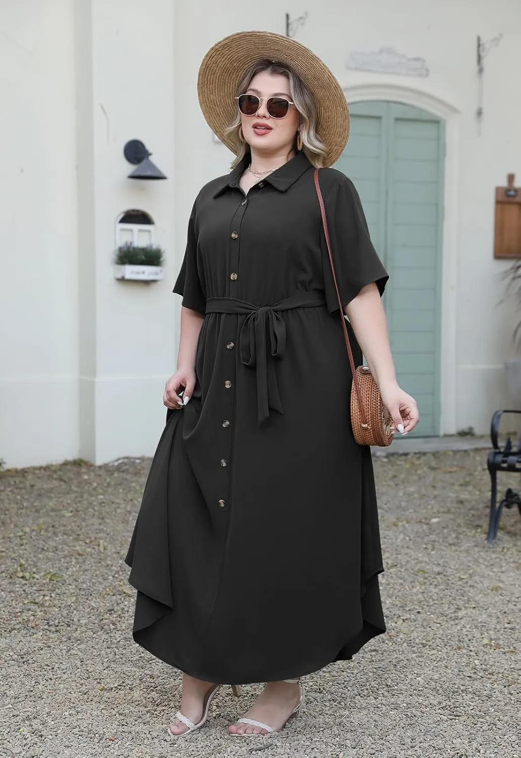 Nemidor Womens Plus Size Casual Maxi Dress Button Down Plain Long Summer Dresses with Belt and Pocket 16-26
