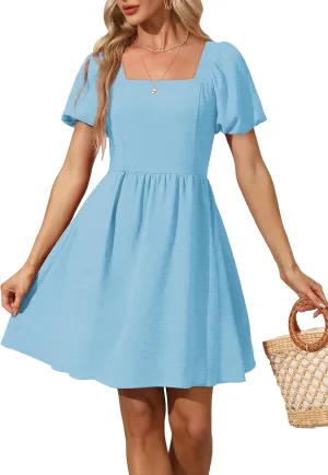 OFEEFAN Women Puff Sleeve Square Neck Tie in Back Dresses with Zipper