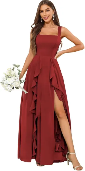 OFEYCHUN Ruffle Bridesmaid Dresses for Women Long Chiffon Square Neck Formal Evening Dress