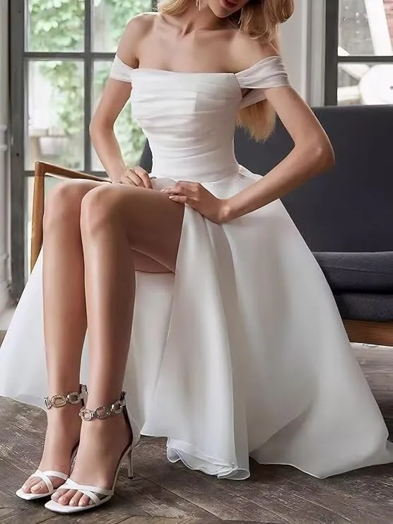 Off Shoulder Short Wedding Dresses for Bride Organza Tea Length Formal Evening Bridal Dress with High Slit