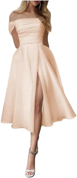 Off Shoulder Short Wedding Dresses for Bride Organza Tea Length Formal Evening Bridal Dress with High Slit