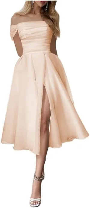 Off Shoulder Short Wedding Dresses for Bride Organza Tea Length Formal Evening Bridal Dress with High Slit