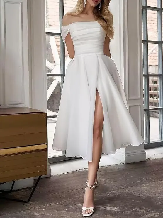Off Shoulder Short Wedding Dresses for Bride Organza Tea Length Formal Evening Bridal Dress with High Slit
