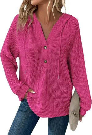 Oversized Hoodies for Women Trendy Waffle Knit V Neck Sweatshirt Cute Y2k Hoodie Long Sleeve Pullover Tops