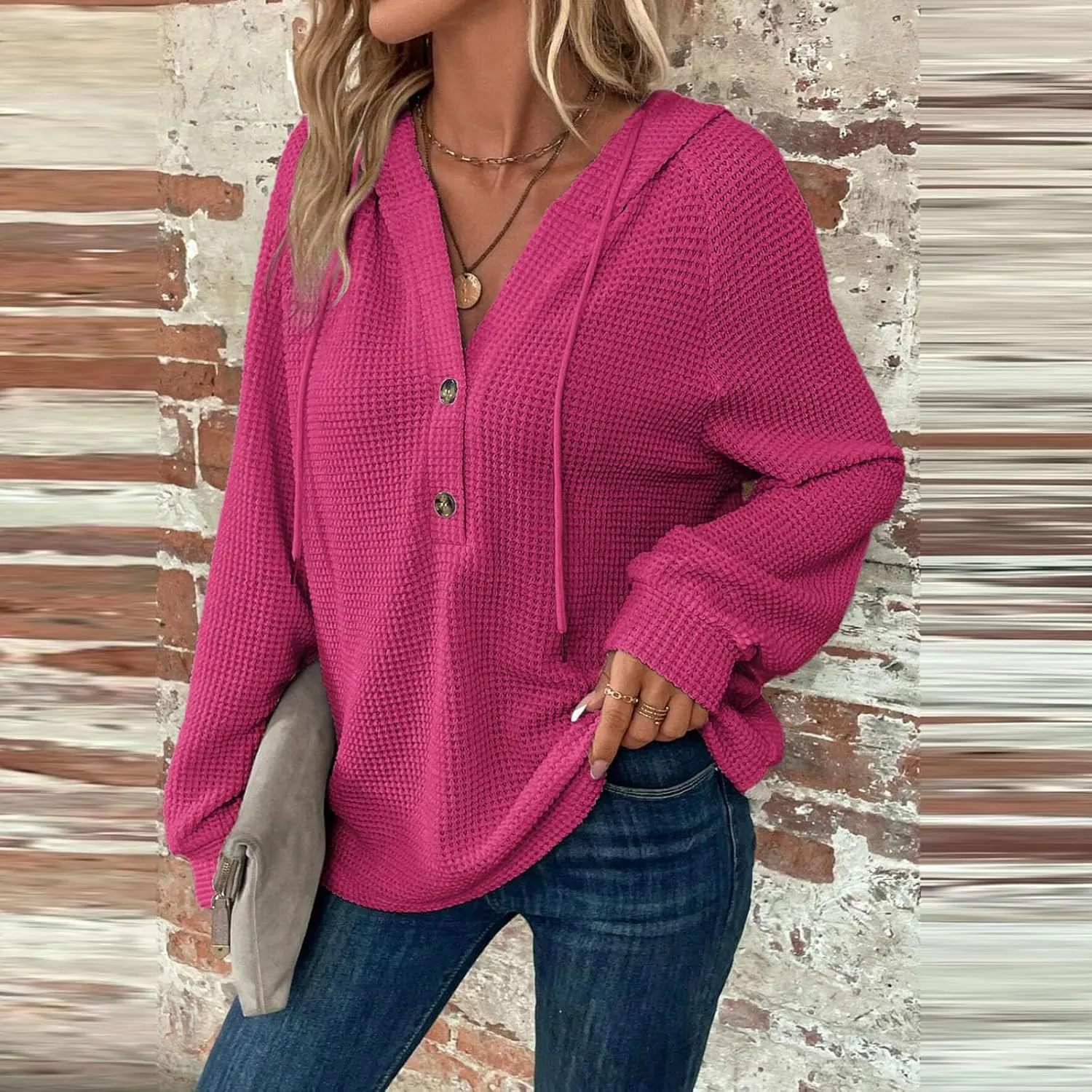 Oversized Hoodies for Women Trendy Waffle Knit V Neck Sweatshirt Cute Y2k Hoodie Long Sleeve Pullover Tops