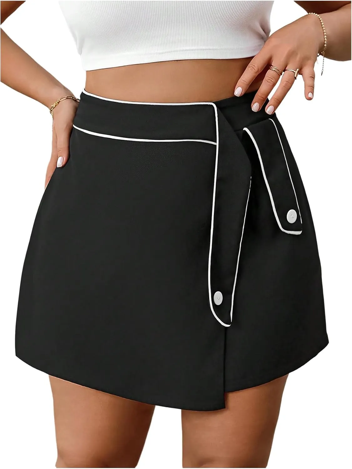 OYOANGLE Women's Plus Size Asymmetrical Wrap Shorts Wide Leg High Waisted Mini Skorts