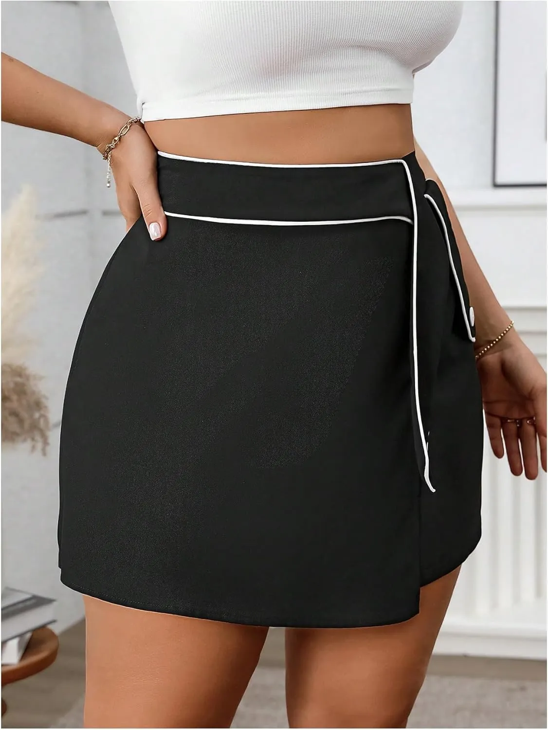 OYOANGLE Women's Plus Size Asymmetrical Wrap Shorts Wide Leg High Waisted Mini Skorts