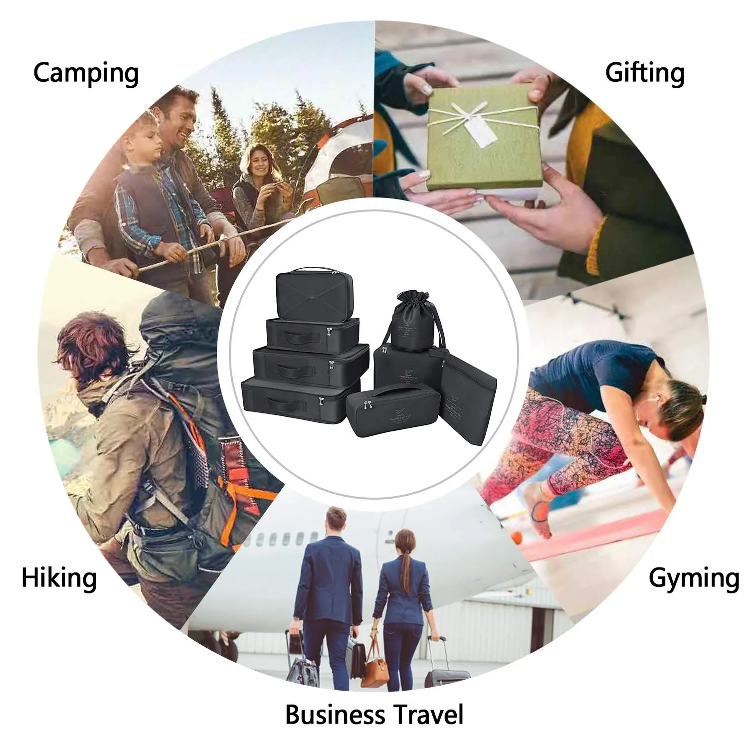 Packing Cubes 8 Sets/7 Colors Travel Luggage Organizers Include Waterproof Shoe Storage Bag Convenient Packing Pouches for Traveller (Black)