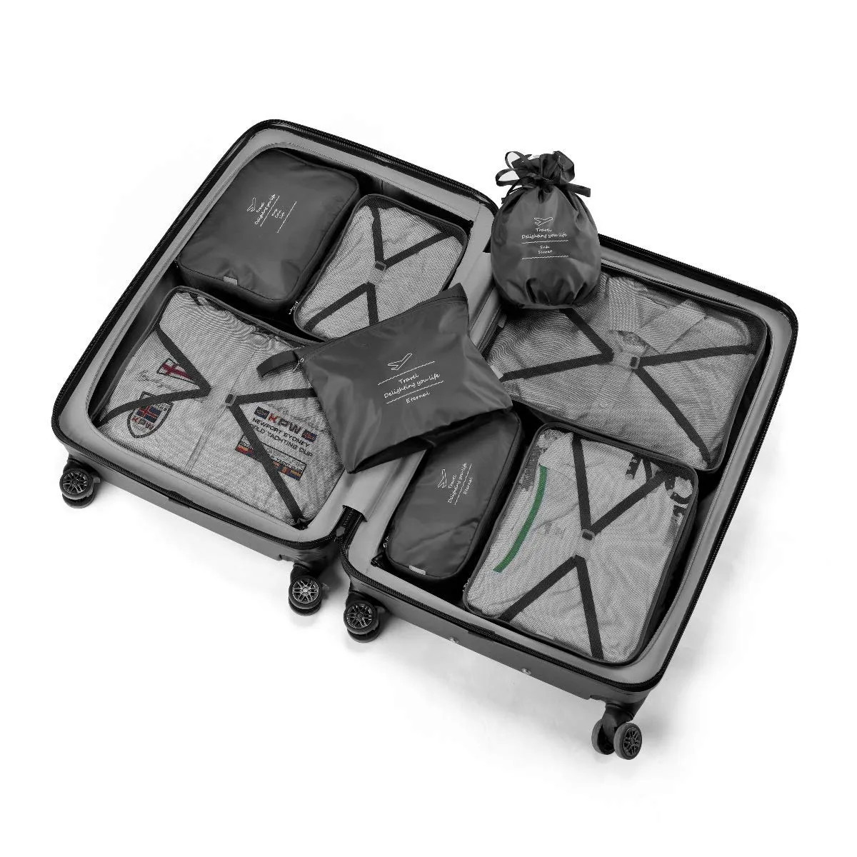 Packing Cubes 8 Sets/7 Colors Travel Luggage Organizers Include Waterproof Shoe Storage Bag Convenient Packing Pouches for Traveller (Black)