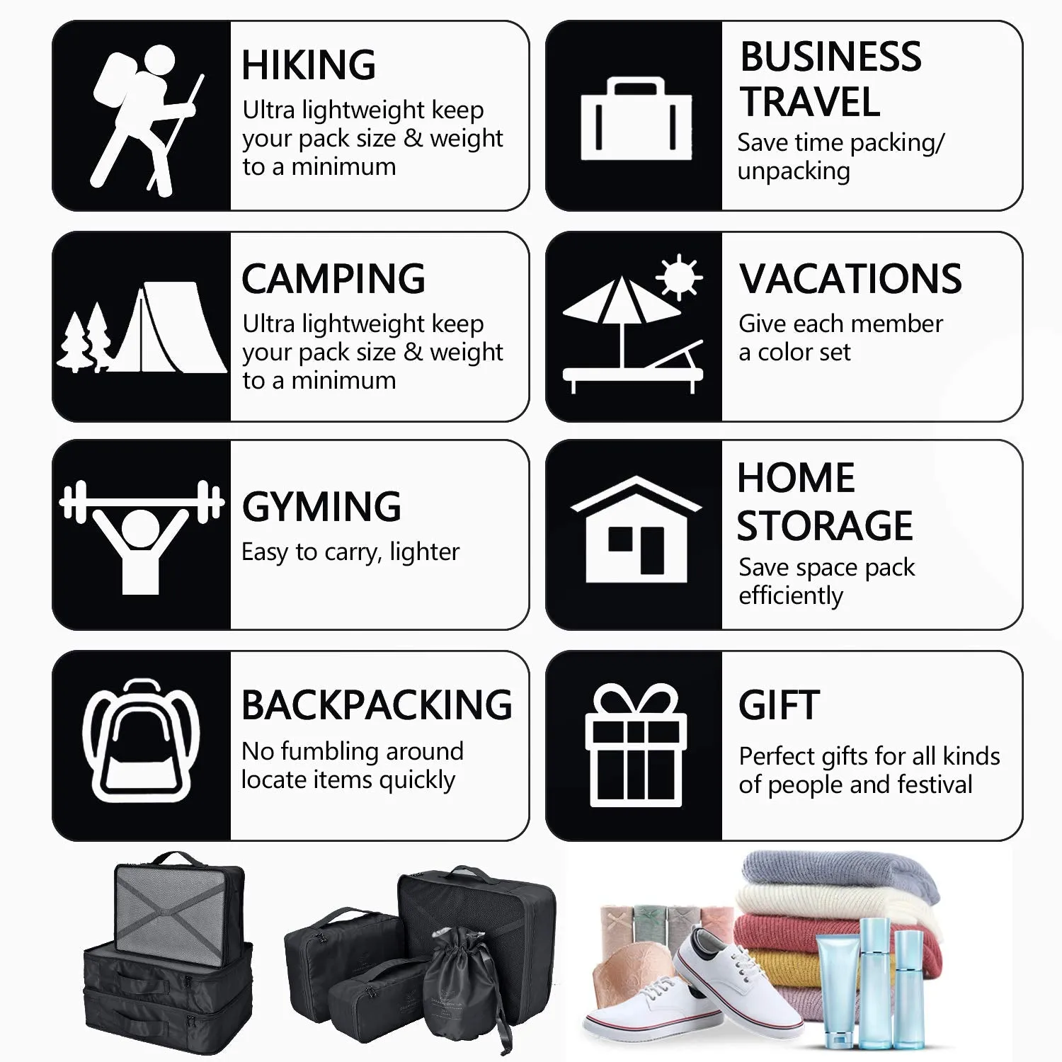 Packing Cubes 8 Sets/7 Colors Travel Luggage Organizers Include Waterproof Shoe Storage Bag Convenient Packing Pouches for Traveller (Black)