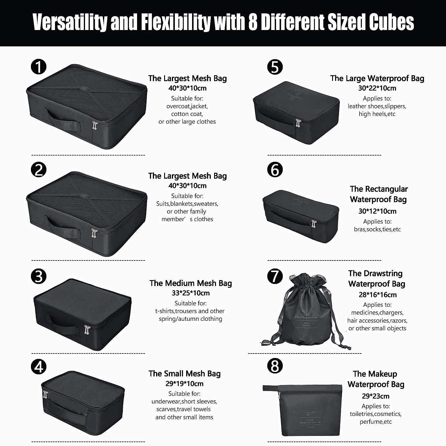 Packing Cubes 8 Sets/7 Colors Travel Luggage Organizers Include Waterproof Shoe Storage Bag Convenient Packing Pouches for Traveller (Black)