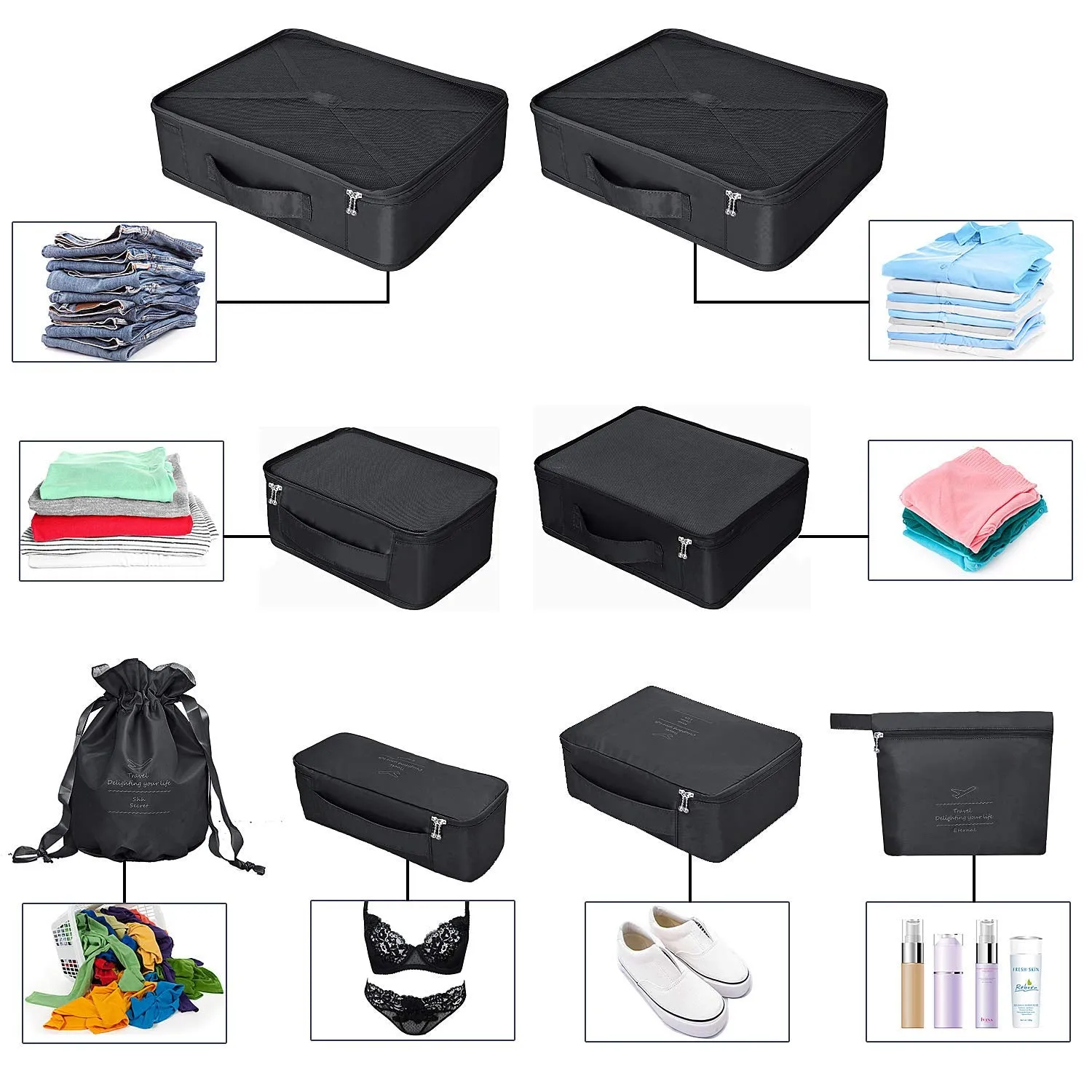 Packing Cubes 8 Sets/7 Colors Travel Luggage Organizers Include Waterproof Shoe Storage Bag Convenient Packing Pouches for Traveller (Black)
