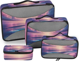 Packing Cubes for Travel 4 Set Purple Beach Waves Luggage Set Suitcase Organizer Bags Mesh Accessories Storage Pouch Toiletry Packing Cubes