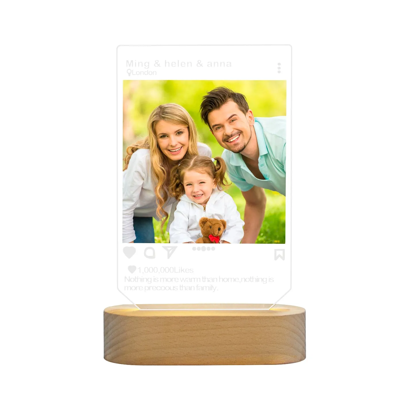 Personalizable with Names and Photo: Custom Photo Solid Wooden Based Acrylic LED Light
