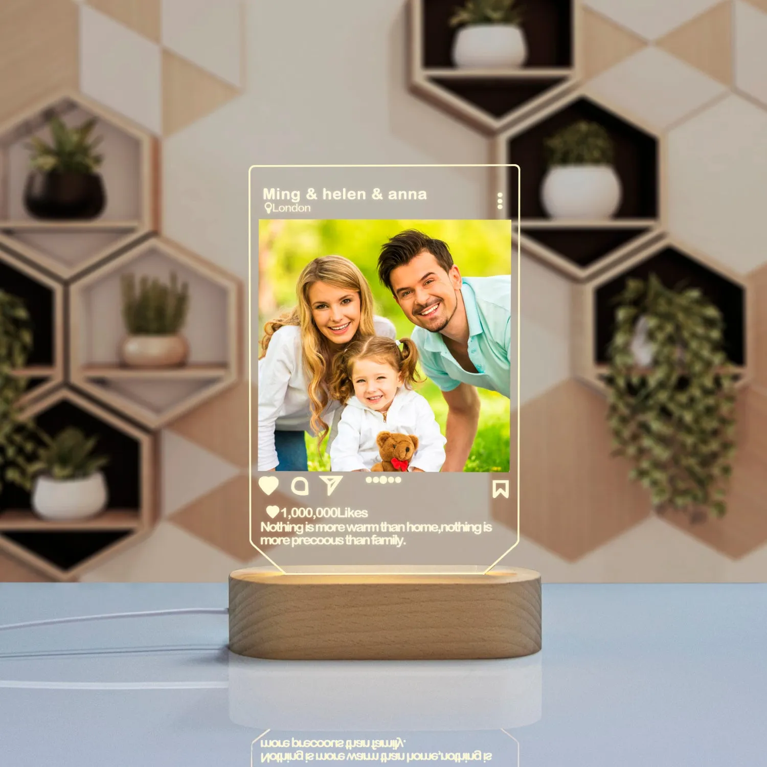 Personalizable with Names and Photo: Custom Photo Solid Wooden Based Acrylic LED Light